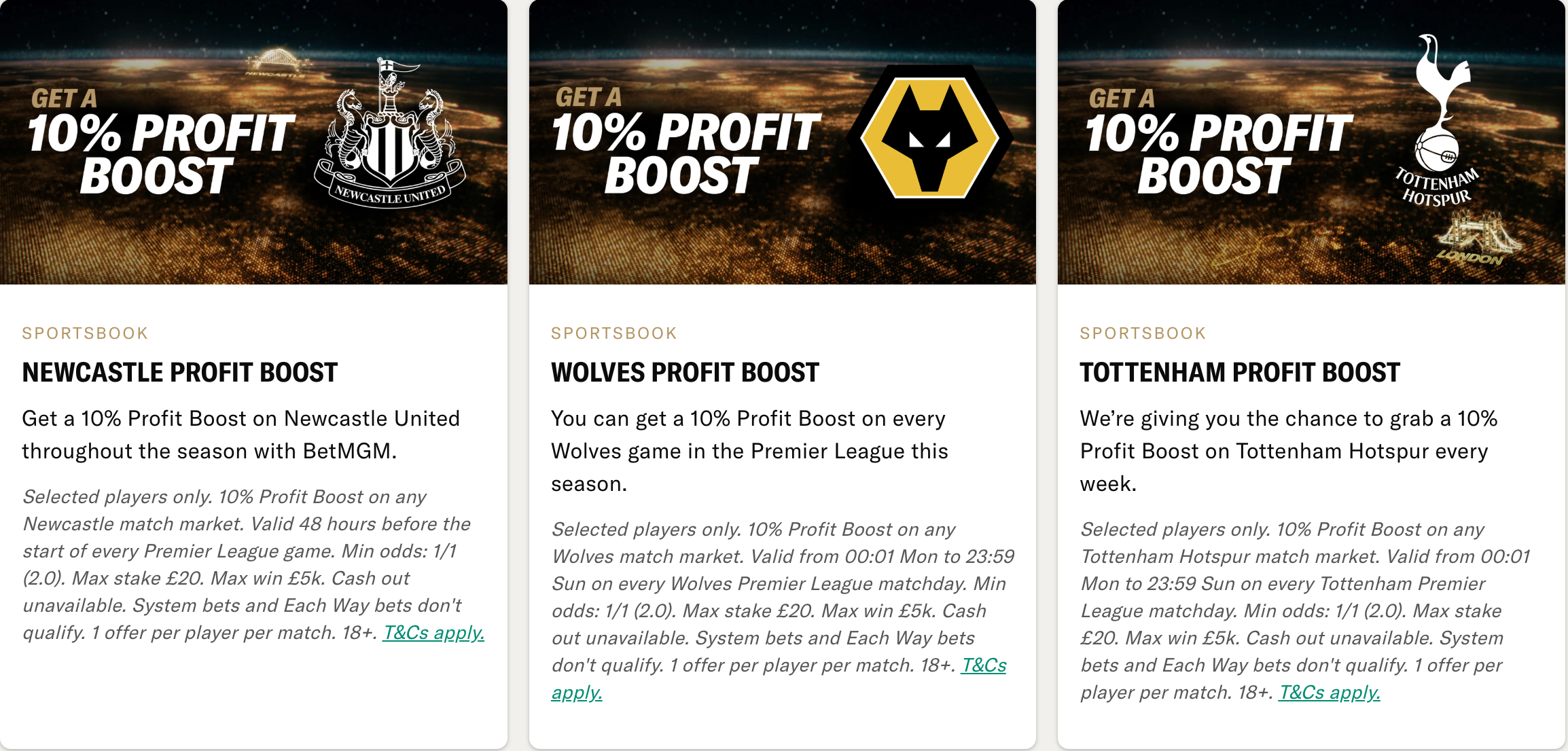 BetMGM 10% profit boosts on Newcastle, Wolves and Tottenham football matches